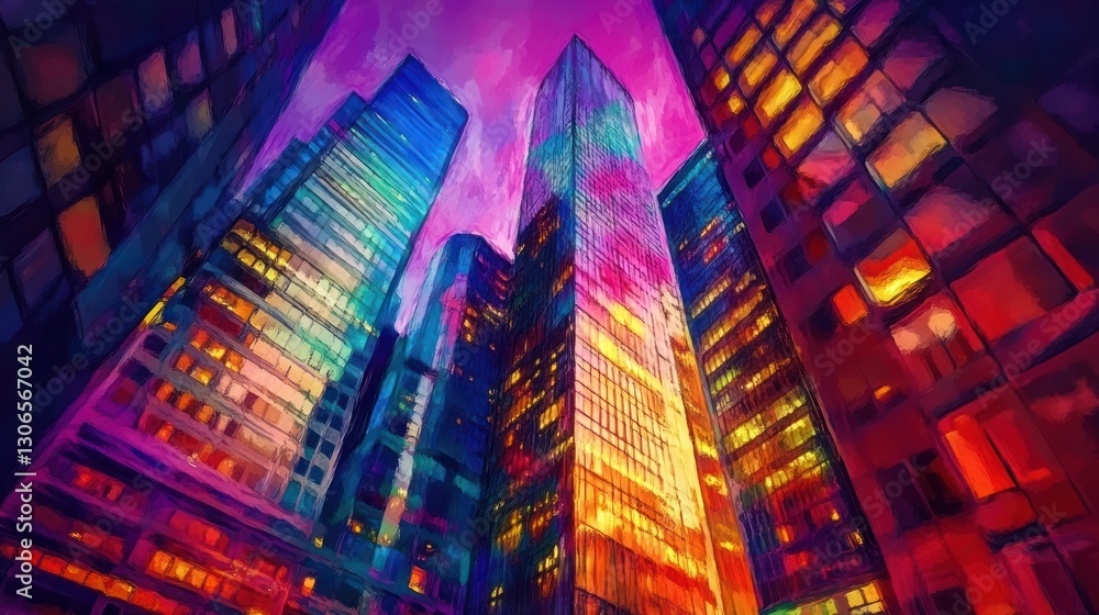 Obraz premium Abstract view looking up towards tall brightly lit buildings