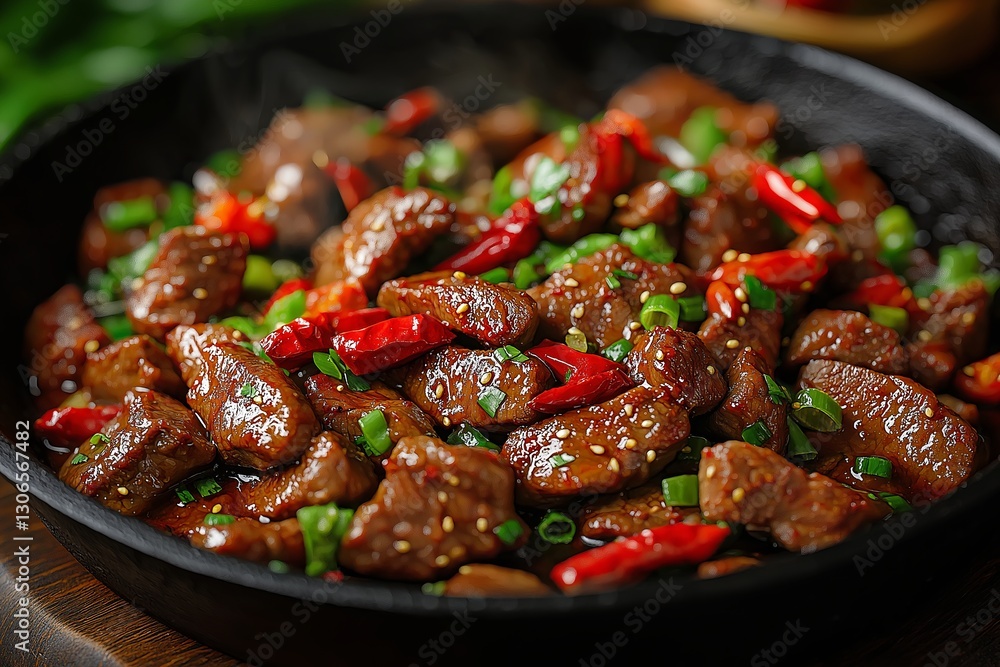 A plate of meat with green onions and peppers A plate of meat with green onions and peppers