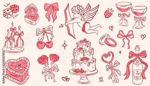 Hand drawn coquette elements for Valentines day, wedding invitation, birthday card. Cute girly bows, hearts, ribbons, cherry, cake, champagne, strawberry. Vintage elegant vector illustration.