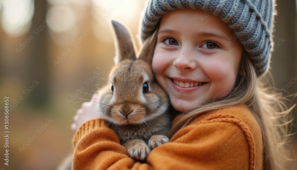 Happy young girl gently hugs cute brown rabbit pet in autumn park. Child wears warm orange sweater, grey hat. Friendship between kid and animal demonstrates love, care, joy. Happy young girl gently hugs cute brown rabbit pet in autumn park. Child wears warm orange sweater, grey hat. Friendship between kid and animal demonstrates love, care, joy.