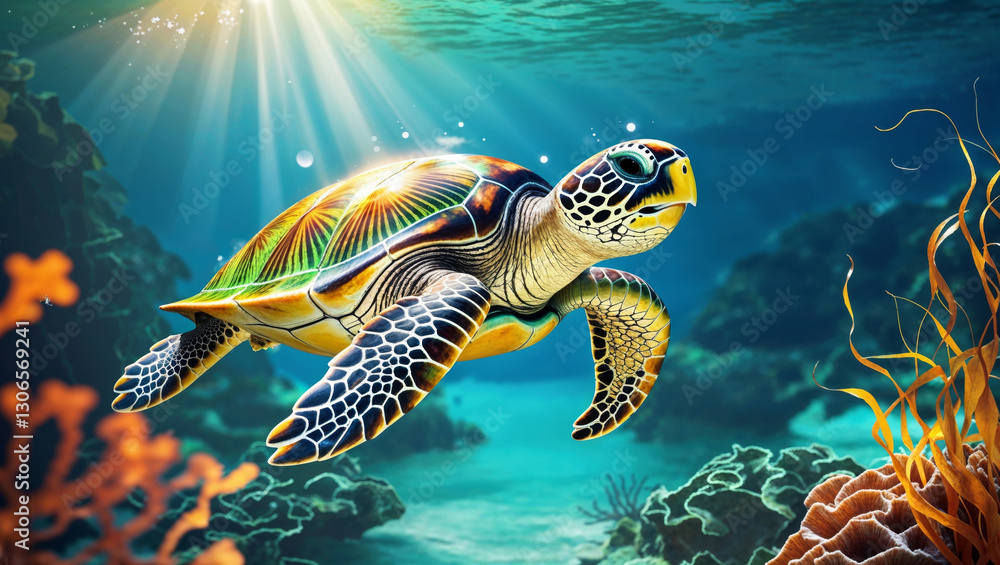 Fototapeta premium A graceful sea turtle swims peacefully through crystal-clear ocean waters, bathed in sunlight.