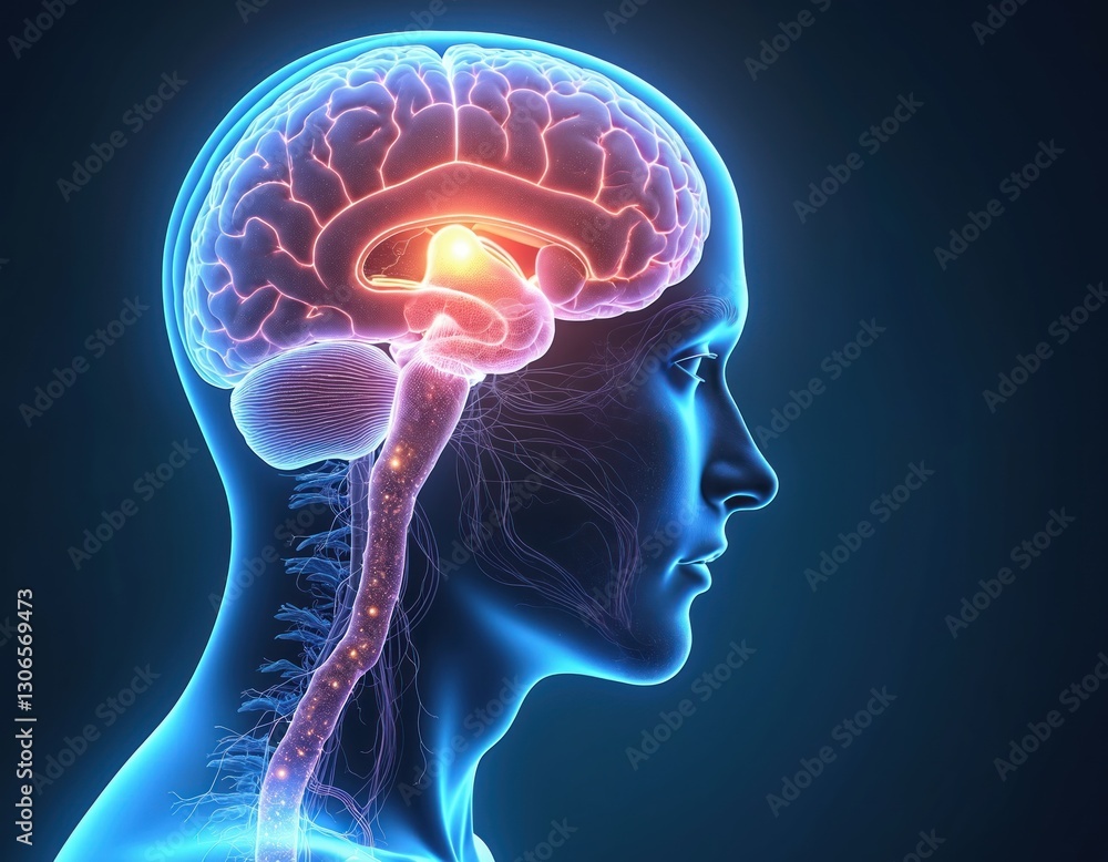 Brain anatomy concept with hypothalamus, limbic system for emotions, behaviors analysis. Neurobiology of emotional regulation, cognition, mental health research. Connection between hippocampus, Brain anatomy concept with hypothalamus, limbic system for emotions, behaviors analysis. Neurobiology of emotional regulation, cognition, mental health research. Connection between hippocampus,