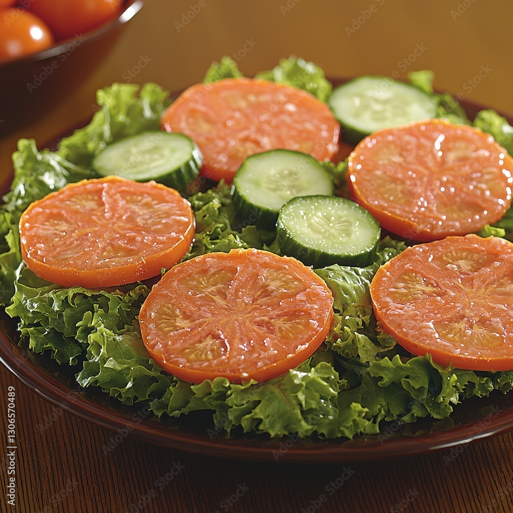 A vibrant plate features fresh, juicy slices of ripe tomatoes and crisp cucumbers artfully arranged on a lush bed of green lettuce, creating a colorful and healthy salad display. A vibrant plate features fresh, juicy slices of ripe tomatoes and crisp cucumbers artfully arranged on a lush bed of green lettuce, creating a colorful and healthy salad display.