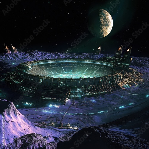 A grand futuristic coliseum built on the moon, glowing energy fields surrounding the arena ar 16:9 v 6.1 q 2