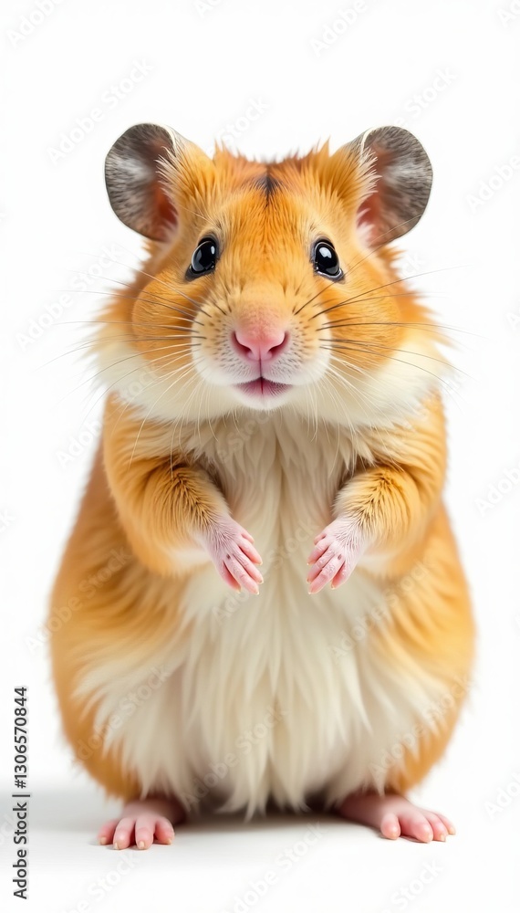Close-up of fluffy hamster sitting on hind legs, isolated on white background, furry, white background Close-up of fluffy hamster sitting on hind legs, isolated on white background, furry, white background