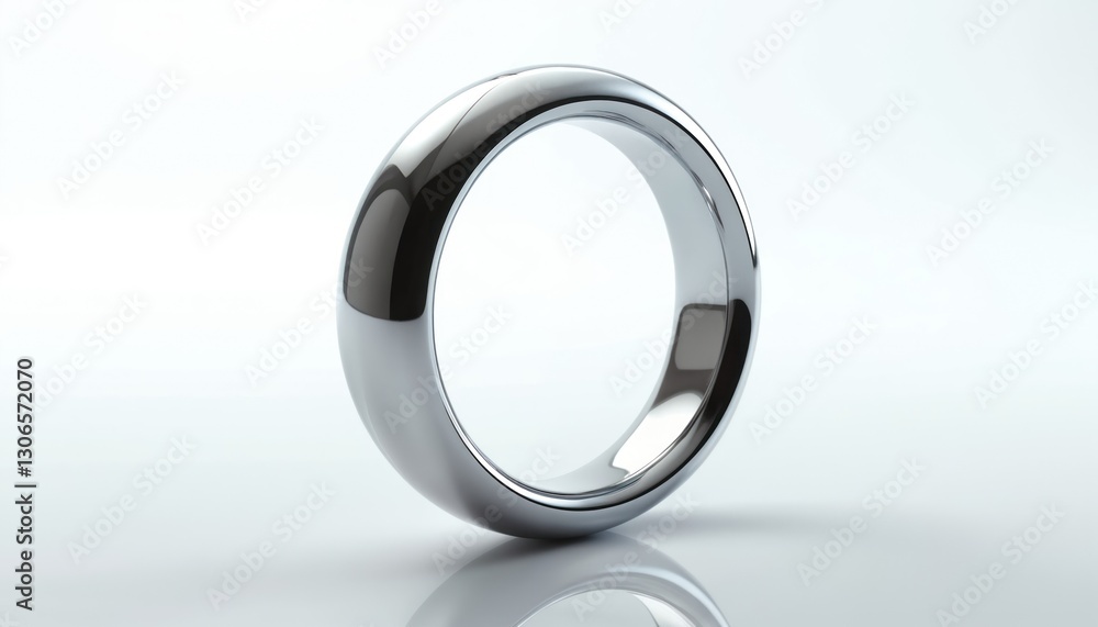 3D render shows silver chrome metal ring on reflective background. Shiny metallic circle with glossy surface, modern design jewellery. Concept of elegance, luxury, style or technology. 3D render shows silver chrome metal ring on reflective background. Shiny metallic circle with glossy surface, modern design jewellery. Concept of elegance, luxury, style or technology.