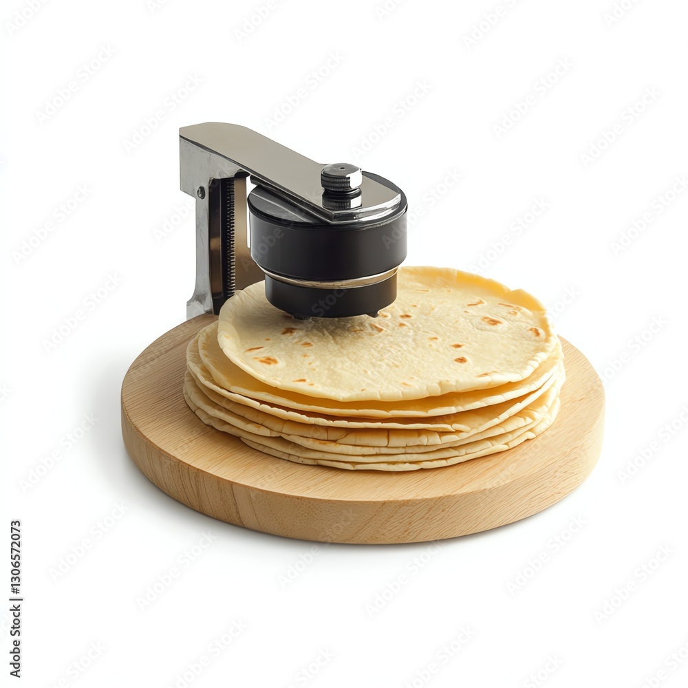 Tortilla press with stacked tortillas on a wooden board, isolated on white background. Tortilla press with stacked tortillas on a wooden board, isolated on white background.