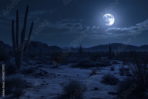 midnight landscape under a full moon, showcasing a desolate desert with cacti casting elongated shadows