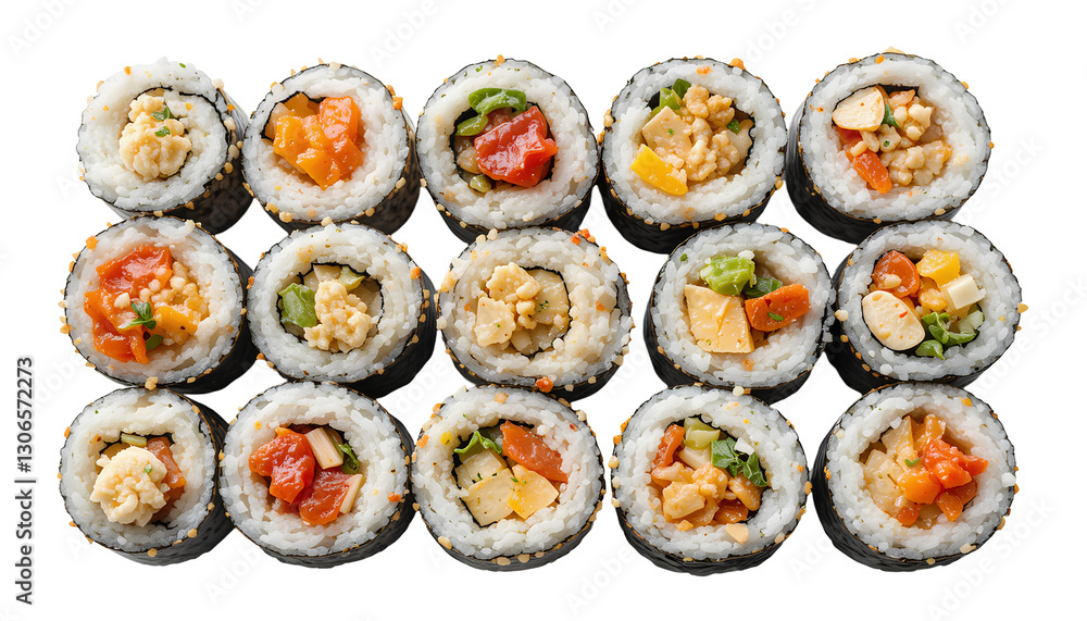 Various Sushi Rolls with Colorful Vegetarian Fillings on Transparent Background Various Sushi Rolls with Colorful Vegetarian Fillings on Transparent Background