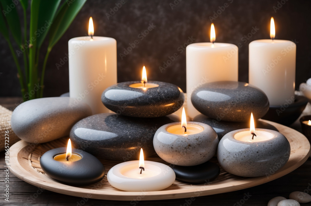 A group of illuminated candles surrounded by smooth stones evokes a sense of calm and relaxation. A group of illuminated candles surrounded by smooth stones evokes a sense of calm and relaxation.