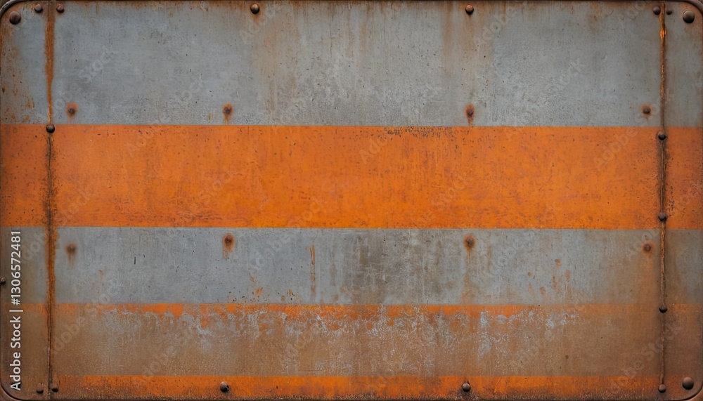 Rusty Metal: A close-up captures the texture of aged, rusted metal panel featuring horizontal orange stripes, conveying a sense of industrial history and decay. Rusty Metal: A close-up captures the texture of aged, rusted metal panel featuring horizontal orange stripes, conveying a sense of industrial history and decay.