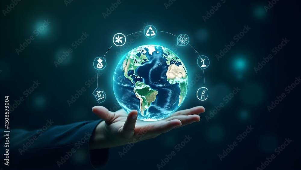 Visual Concept of a Glowing Earth Hologram Surrounded by Recycling and Renewable Energy Icons, Symbolizing Net Zero Goals and Environmental Sustainability - Stock Photo with Empty Space for Text Visual Concept of a Glowing Earth Hologram Surrounded by Recycling and Renewable Energy Icons, Symbolizing Net Zero Goals and Environmental Sustainability - Stock Photo with Empty Space for Text