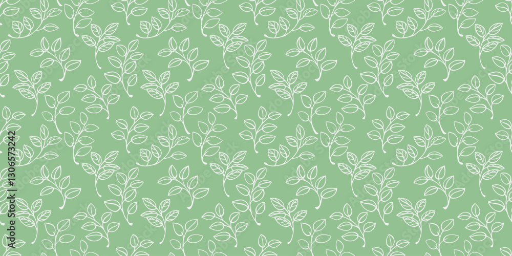 Seamless vector pattern of white outline leafy branches on a pastel green background. A soft and minimalist design ideal for eco-themed projects, stationery, textiles, and packaging. Seamless vector pattern of white outline leafy branches on a pastel green background. A soft and minimalist design ideal for eco-themed projects, stationery, textiles, and packaging.