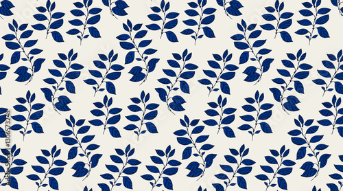 Seamless botanical pattern with navy blue leaves on light background. Minimalistic and elegant design for ornament. Ideas for textiles, wallpapers, packaging, and eco-friendly branding.