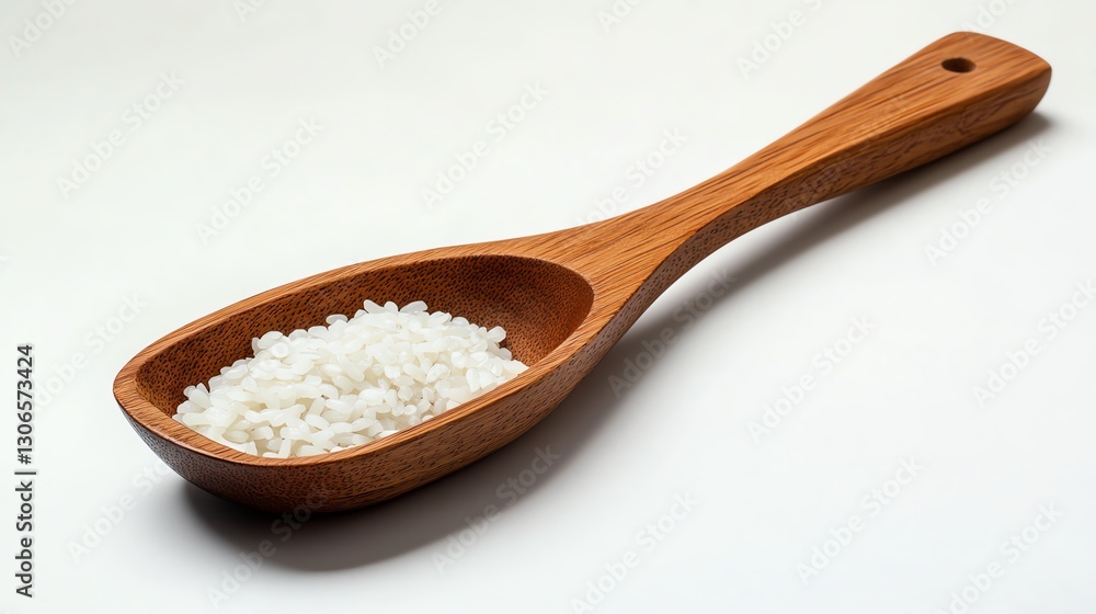 White rice in a wooden spoon on a white background. White rice in a wooden spoon on a white background.