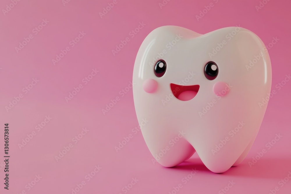 Happy Tooth Cartoon Illustration, Pink Background, 3D Render, Oral Hygiene, Dental Care Happy Tooth Cartoon Illustration, Pink Background, 3D Render, Oral Hygiene, Dental Care