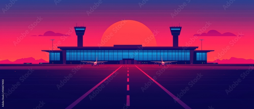 Fototapeta premium Isometric building concept. Sunset over a modern airport with vibrant colors and an empty runway.