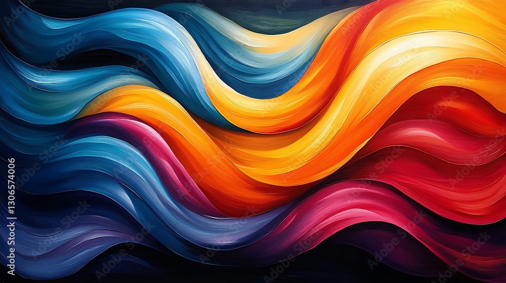 Flowing colorful brushstrokes create abstract wave pattern on dark textured background Flowing colorful brushstrokes create abstract wave pattern on dark textured background