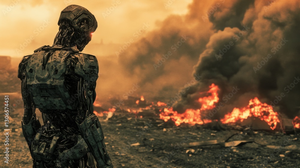 Robot watches fiery wasteland Robot watches fiery wasteland
