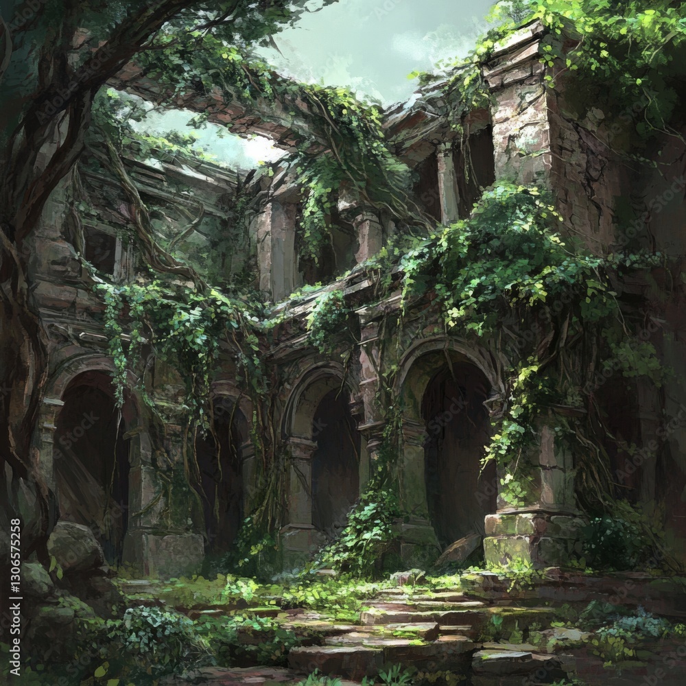 Naklejka premium Ruined building overgrown by jungle