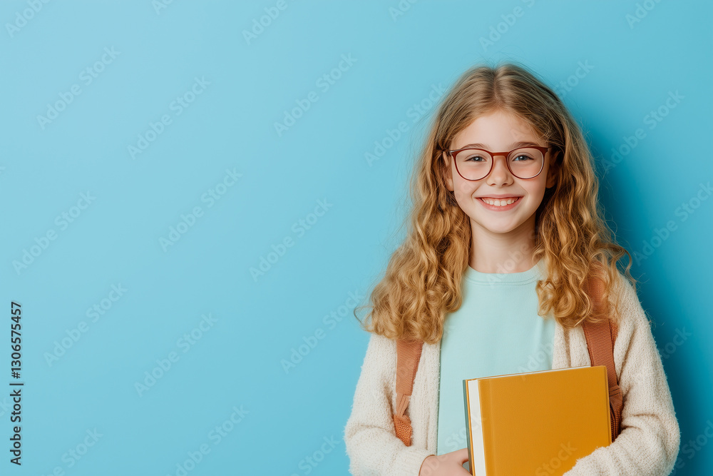 Bright Elementary Student girl with Glasses and Books on Blue isolated Background.
Copy and text space. Bright Elementary Student girl with Glasses and Books on Blue isolated Background.
Copy and text space.