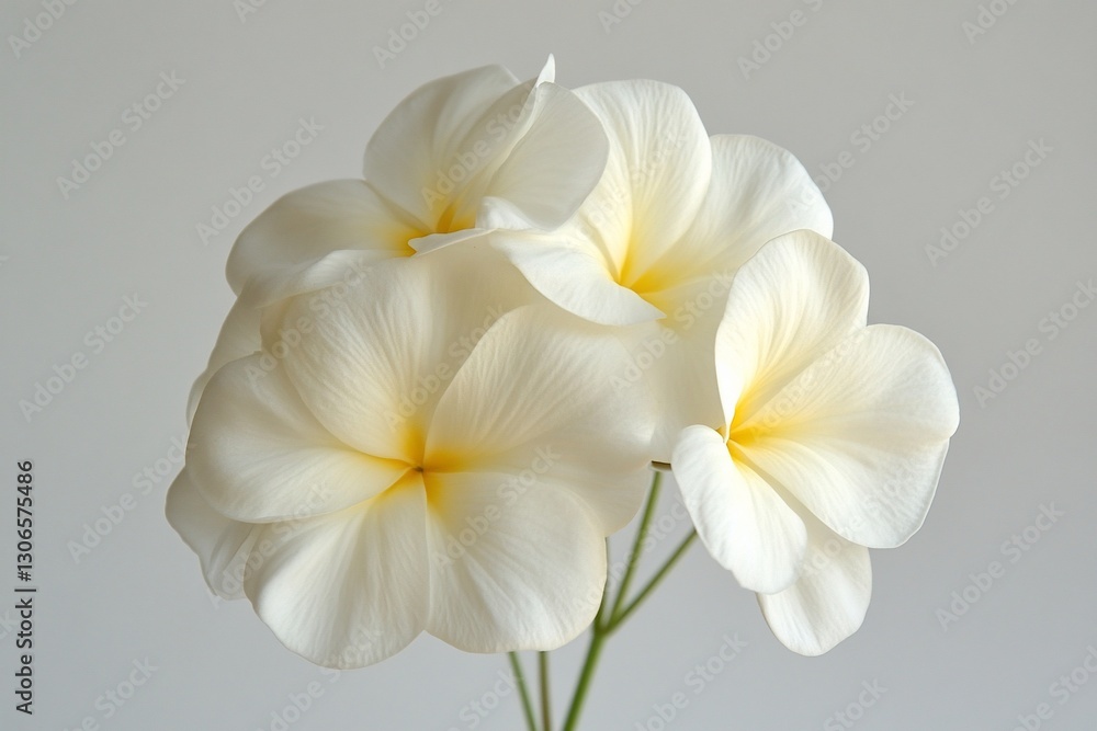 Fototapeta premium Creamy White Plumeria Blooms Close-Up