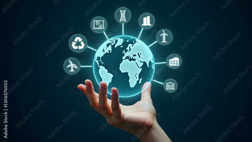 Net zero goals depicted by a glowing earth hologram surrounded by recycling and renewable energy icons symbolizing environmental sustainability goals. concept as Visual of a glowing earth hologram sur Net zero goals depicted by a glowing earth hologram surrounded by recycling and renewable energy icons symbolizing environmental sustainability goals. concept as Visual of a glowing earth hologram sur