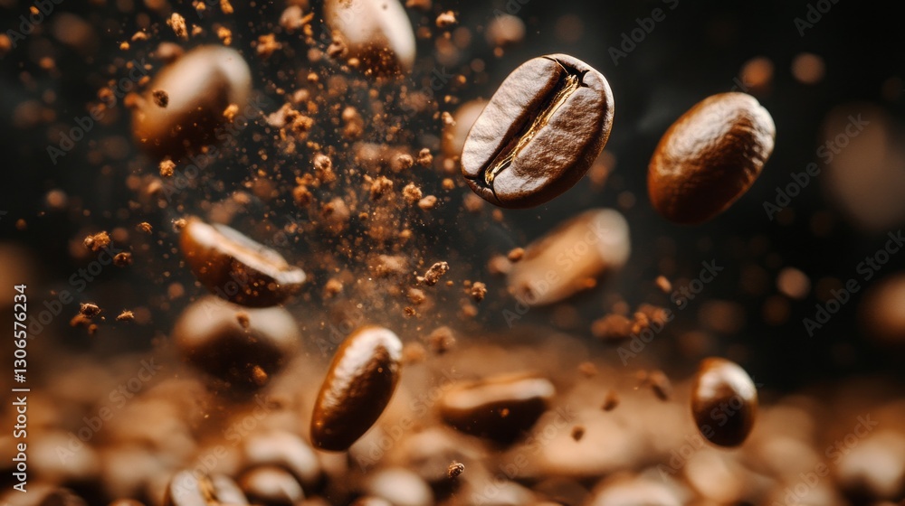 Roasted coffee beans burst into the air, releasing an irresistible aroma that evokes the warmth and coziness of a bustling cafe. The explosion of flavor creates an enchanting sensory experience Roasted coffee beans burst into the air, releasing an irresistible aroma that evokes the warmth and coziness of a bustling cafe. The explosion of flavor creates an enchanting sensory experience