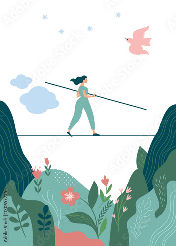 A tightrope walker girl walks over a valley with flowers