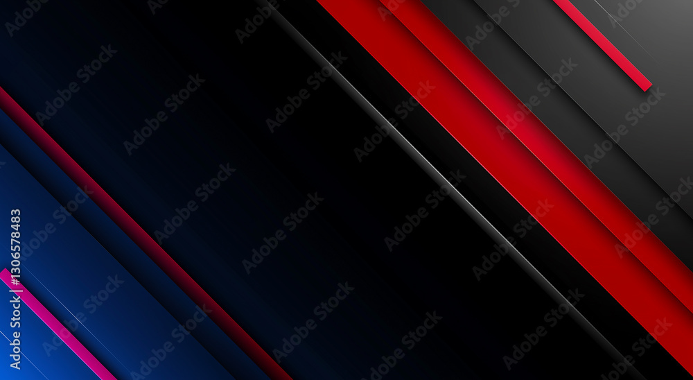 Fototapeta premium Modern abstract background with diagonal stripes in red, blue and black, Dynamic geometric design with layered shapes, Corporate tech concept
