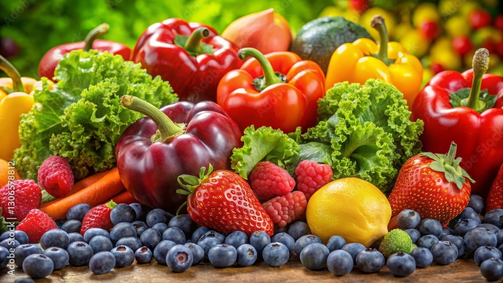 Vibrant assortment of fresh, ripe fruits and vegetables showcasing a rainbow of colors, promising a healthy and delicious culinary experience Vibrant assortment of fresh, ripe fruits and vegetables showcasing a rainbow of colors, promising a healthy and delicious culinary experience