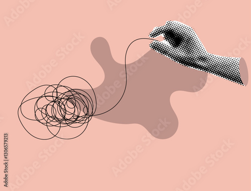 Hand pulling thread in retro halftone style,concept of problem solving and eliminating uncertainty
