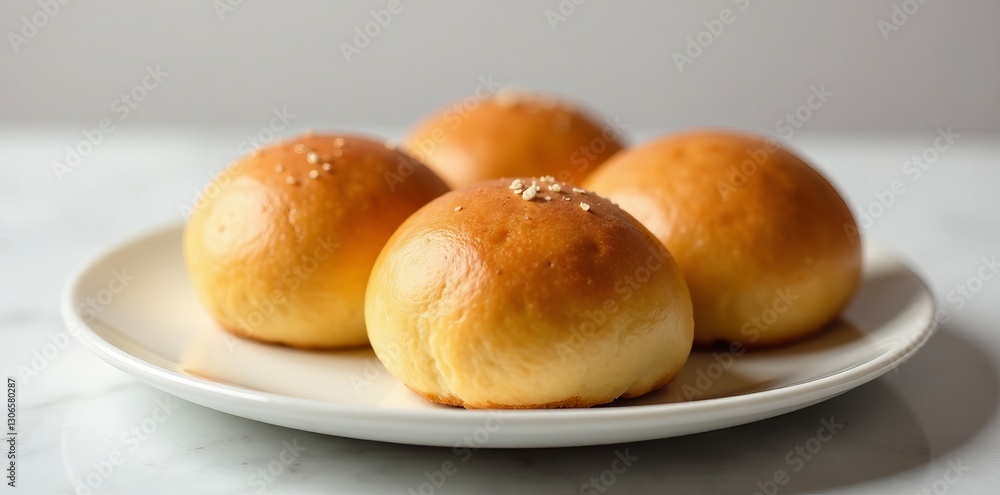Freshly baked milk buns arranged in a row on a plate, round, homemade Freshly baked milk buns arranged in a row on a plate, round, homemade