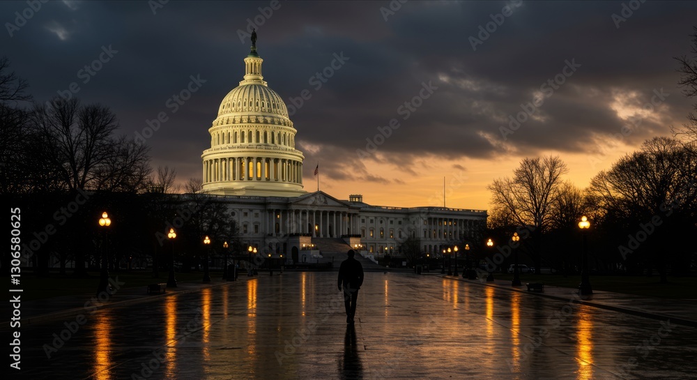 Obraz premium Capitol Building at dusk, silhouetted figure walking, wet street, dramatic sky