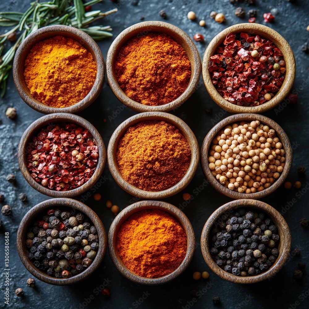 Aromatic spices in small wooden bowls, overhead shot. A vibrant collection of culinary seasonings. Aromatic spices in small wooden bowls, overhead shot. A vibrant collection of culinary seasonings.