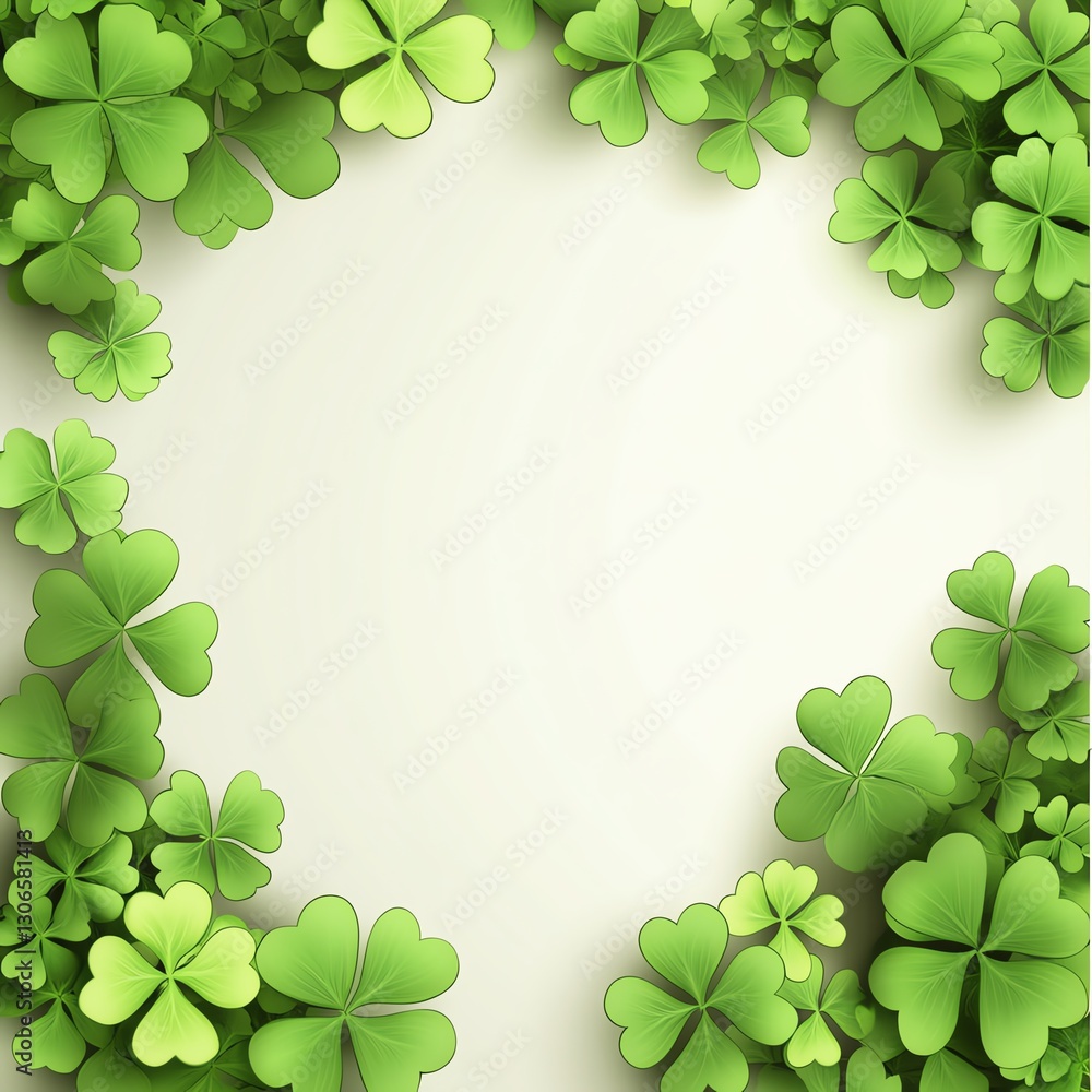Green clover leaves frame a bright, white background, perfect for celebrations. Green clover leaves frame a bright, white background, perfect for celebrations.