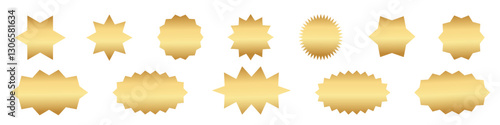 Simple golden gradient starburst shapes. Sticker, label, promotional badge vector elements