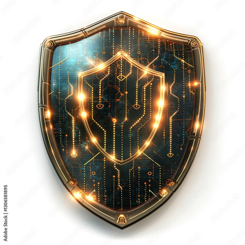 Fototapeta premium A futuristic shield design featuring a circuit board pattern and glowing golden accents, symbolizing security and protection.