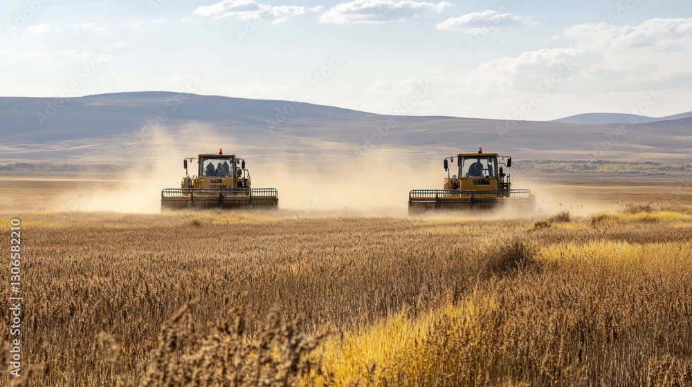 Fototapeta premium Combine harvesters harvesting wheat field, rural landscape, sunny day