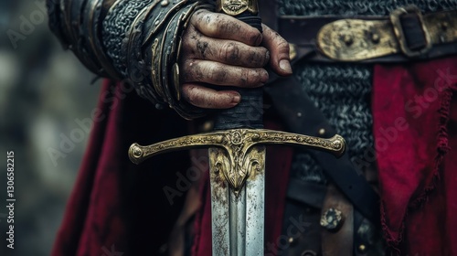 A knight grips a sword with decorated hilt and weathered blade