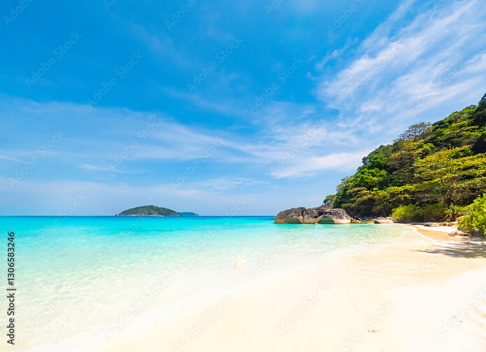 Beautiful view of the pristine white beach on Koh Miang (Island 4) at Princess Beach, Similan Islands National Park, Phang Nga Province, Thailand. Beautiful view of the pristine white beach on Koh Miang (Island 4) at Princess Beach, Similan Islands National Park, Phang Nga Province, Thailand.