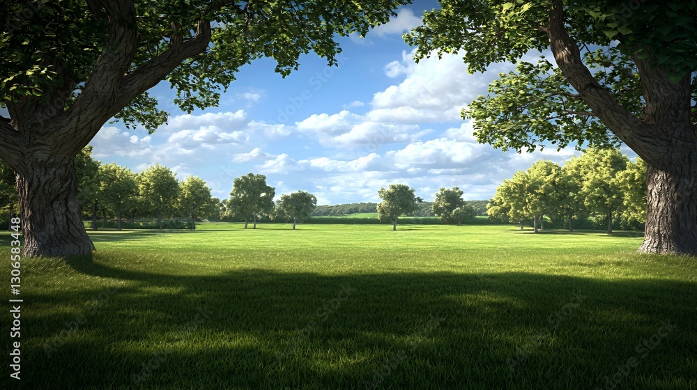Summer Landscape: Green Field with Lush Trees Under a Sunny Sky Summer Landscape: Green Field with Lush Trees Under a Sunny Sky