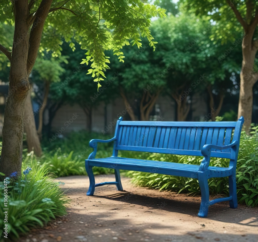 Inviting blue bench placed against a backdrop of fresh green leaves, arboreal surroundings, leisurely rest, outdoor escape, cozy corner, seating area Inviting blue bench placed against a backdrop of fresh green leaves, arboreal surroundings, leisurely rest, outdoor escape, cozy corner, seating area