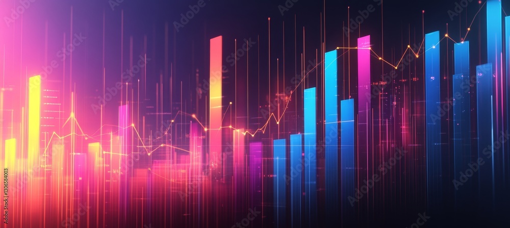 Financial Graph, Blue Vertical Bar Diagram With Line Charts On Dark Backdrop, Yellow, Magenta, Cyan Financial Graph, Blue Vertical Bar Diagram With Line Charts On Dark Backdrop, Yellow, Magenta, Cyan