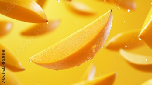 Wallpaper Mural Floating mango slices on soft yellow background, juicy and tropical, artistic design, ultra-detailed, 8k Torontodigital.ca