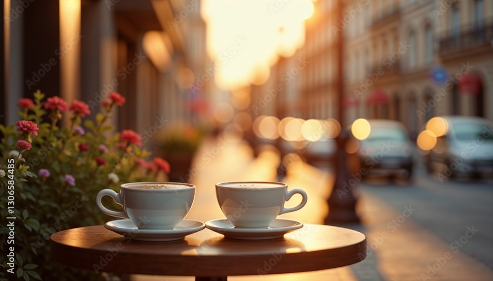 Romantic coffee date with two cups on a table, set against a warm street atmosphere at sunset Romantic coffee date with two cups on a table, set against a warm street atmosphere at sunset