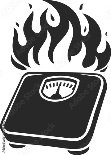 weighing scale engulfed in flames, concept weight loss, diet, or extreme fitness.
