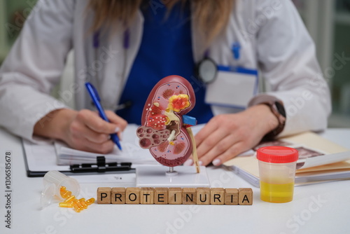 Obraz na płótnie This visual representation illustrates proteinuria diagnosis, featuring a kidney model and urine sample for analysis w salonie