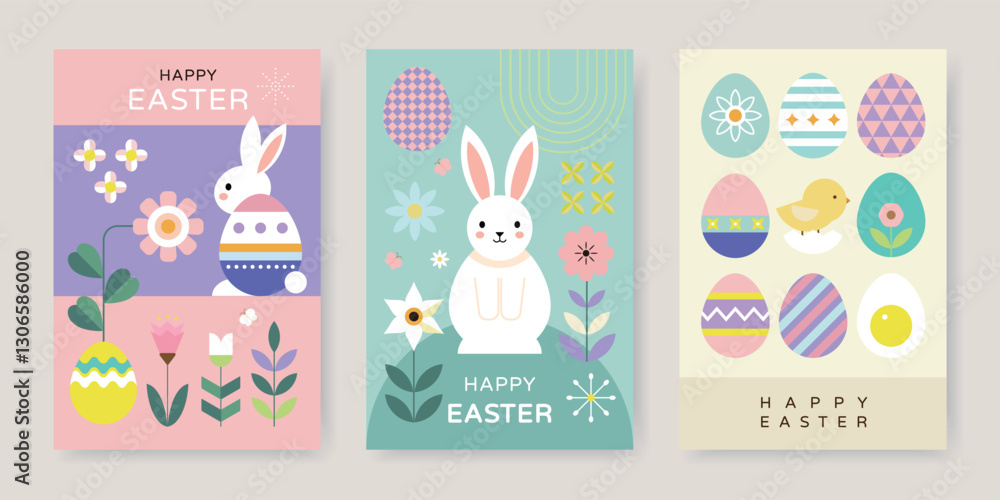 Happy Easter geometric background, Easter card, banner design with bunny, eggs, plants, flowers. Happy Easter geometric background, Easter card, banner design with bunny, eggs, plants, flowers.