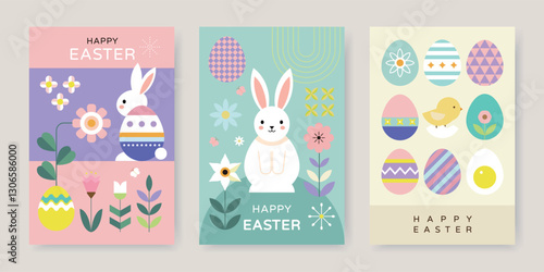 Happy Easter geometric background, Easter card, banner design with bunny, eggs, plants, flowers.